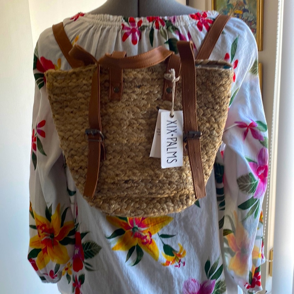 XIX Palms Natural Straw Backpack with Tan Leather Straps